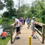 Group of people walks across a wooden bridge over a green waterway surrounded by trees.