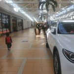 Woman walks through a bright, modern indoor mall with palm trees overhead.