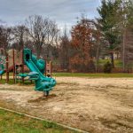 Colorful playground equipment with a dinosaur slide set in a grassy park area.