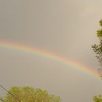 Rainbow arches across a hazy sky above green trees and utility lines.