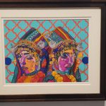 Colorful, stylized portrait of two figures with elaborate headdresses against a patterned background.