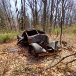 Rusty, wrecked vintage car abandoned in a dense, wooded area with fallen leaves.