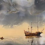 Old sailing ship on misty, atmospheric water under a dramatic sky.