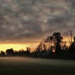 Sunset over a misty field with silhouetted trees under dark, cloudy skies.