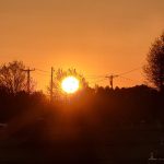 Vibrant orange sunset with a bright sunburst over silhouetted trees and utility poles.