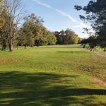 Expansive green golf course under a bright blue sky with scattered trees.