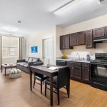 Modern studio apartment with living area and kitchen, featuring dark wood cabinets.