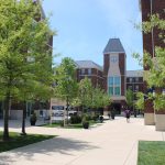 University campus buildings under a bright blue sky with trees lining the walkway.