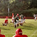 Football players in action on a grassy field during a sunny outdoor game.