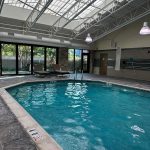 Indoor swimming pool under a large glass and metal atrium ceiling.