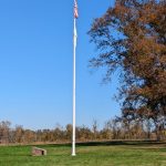 American flag flying on a tall pole in a grassy park under a clear blue sky.