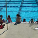 Children play in a bright blue outdoor swimming pool on a sunny day.