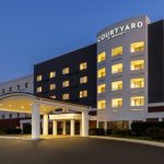 Courtyard by Marriott hotel exterior at dusk with illuminated entrance.