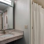 Bathroom vanity with sink and large mirror, next to a shower curtain.
