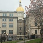 Golden dome building with classical architecture, framed by blooming trees on a cloudy day.
