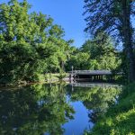Trees line a calm pond with a wooden bridge spanning the water under a blue sky.