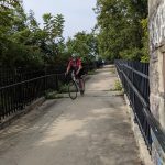 Cyclist rides along a paved path bordered by trees and a metal fence.
