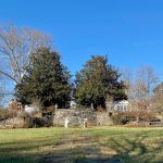 Historic stone ruins with trees under a clear blue sky.