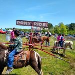 Pony ride attraction with people enjoying a sunny outdoor fair or park day.