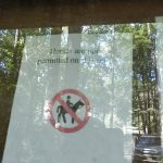No horses permitted sign posted outdoors in a wooded area.