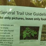 Trail use guidelines with photos of poison ivy leaves and vine.