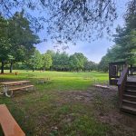 Park scene with grassy field, picnic tables, and wooden stairs near trees.