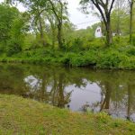 Calm river flowing past lush green banks with trees and a distant white house.
