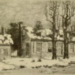 Winter scene of a rustic, snow-covered house surrounded by bare trees.