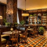Elegant bar interior with dark wood, patterned walls, and checkerboard tile floor.