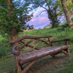 Rustic wooden bench in a grassy, wooded area under a colorful twilight sky.