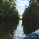 Blue kayak on calm river reflecting trees and blue sky.