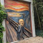 Mural of a screaming face over a dramatic, swirling landscape painted on an outdoor wall.