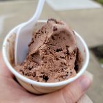 Hand holding a cup of chocolate ice cream with a white spoon.