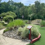 Lush green park area with tall grasses, gravel path, and a small sign under trees.
