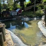Small pond with stone edging, surrounded by trees and small red and white sheds.