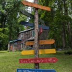 Wooden trail signpost in a forest showing directions to Old Pine Hall and York, England.