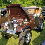 Brown lifted Jeep Wrangler with open hood parked on grass near other off-road vehicles.