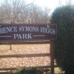 Entrance sign for Florence Symons Higgs Park, framed by dense green bushes.