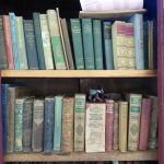 Bookshelves filled with a collection of hardcover books on wooden shelves.