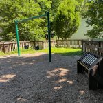 Swing set under green trees in a fenced backyard area with a sandbox.