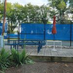 Outdoor basketball court with blue netting, trees in background, and a red volleyball.
