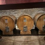 Three wooden barrels with metal taps lined up against a stone wall in a cellar setting.