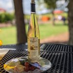 Hopewell Valley Vidal Blanc wine bottle on a dark outdoor table with ice and fruit.