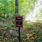 "This is not a trail" sign in a sun-dappled, wooded forest area.