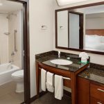 Modern bathroom with bathtub and vanity mirror over dark granite countertop.