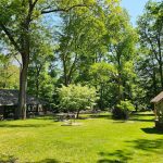Park scene with picnic shelters under lush green trees on a sunny day.