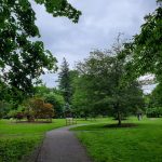 Park path winding through lush green trees under a cloudy sky.