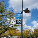 Park sign on a pole under a bright, cloudy blue sky with trees in the background.