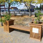 Autumn park scene with yellow leaves, wooden bench, and trees under a blue sky.