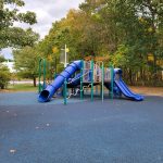 Blue and silver playground equipment set in a park with trees under an overcast sky.